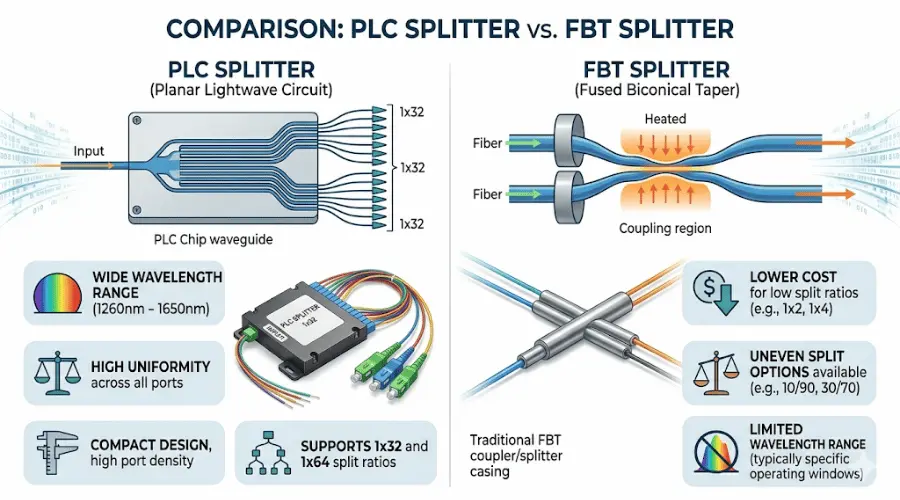 Comparison between PLC splitter and FBT splitter in fiber optic networks Comparison between PLC splitter and FBT splitter in fiber optic networks
