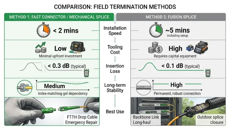 Mechanical splice and fusion splice comparison of insertion loss cost speed and stability Mechanical splice and fusion splice comparison of insertion loss cost speed and stability